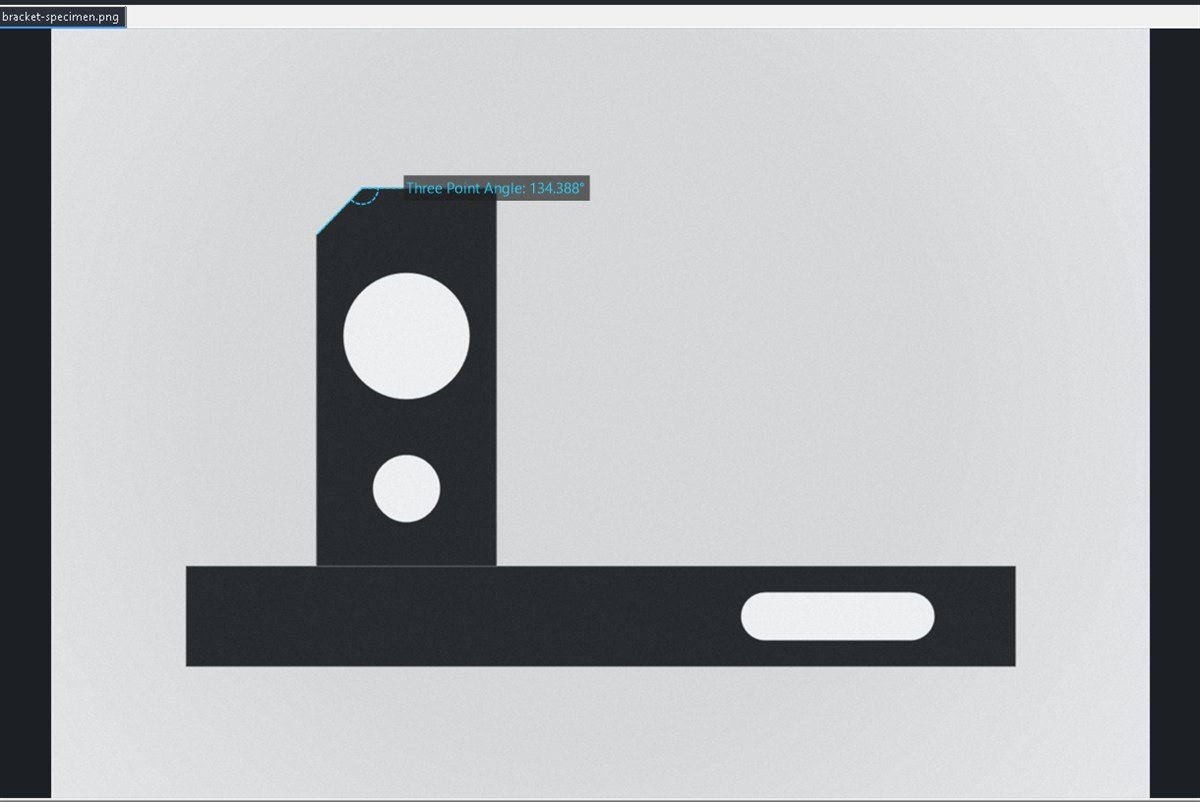 A three point angle of 134.388 degrees measured across the chamfer at the top of a backlit bracket on the Measuret canvas.