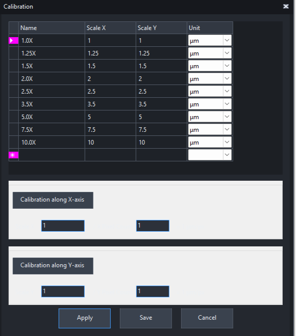 The Measuret calibration panel showing named calibration factors from 1.0X to 10.0X, each with independent Scale X, Scale Y and unit values, above separate X-axis and Y-axis calibration entry.