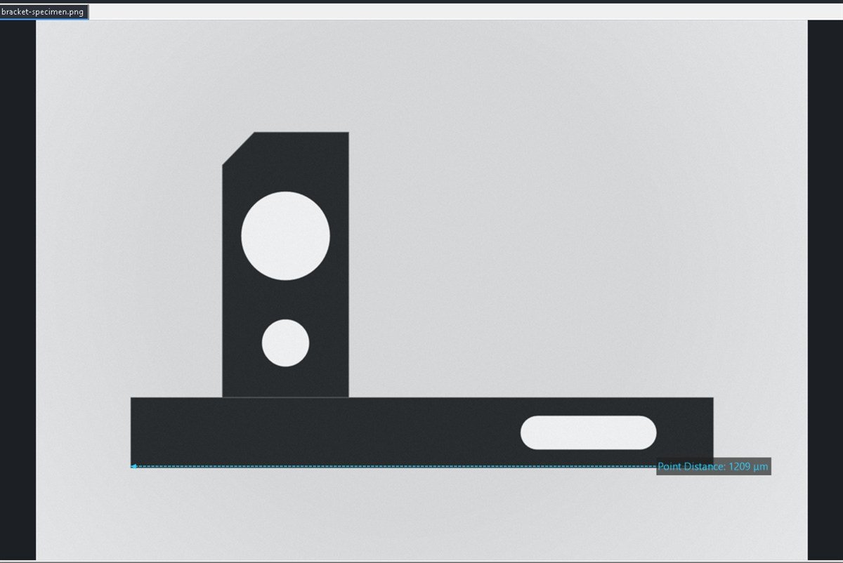 A backlit bracket on the Measuret canvas with a point-to-point distance measured along the base plate and labelled Point Distance 1209 micrometres.