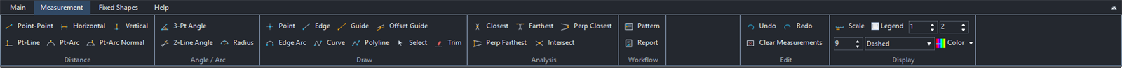 The Measurement ribbon in Measuret, showing the Distance, Angle and Arc, Draw, Analysis, Workflow, Edit and Display groups.