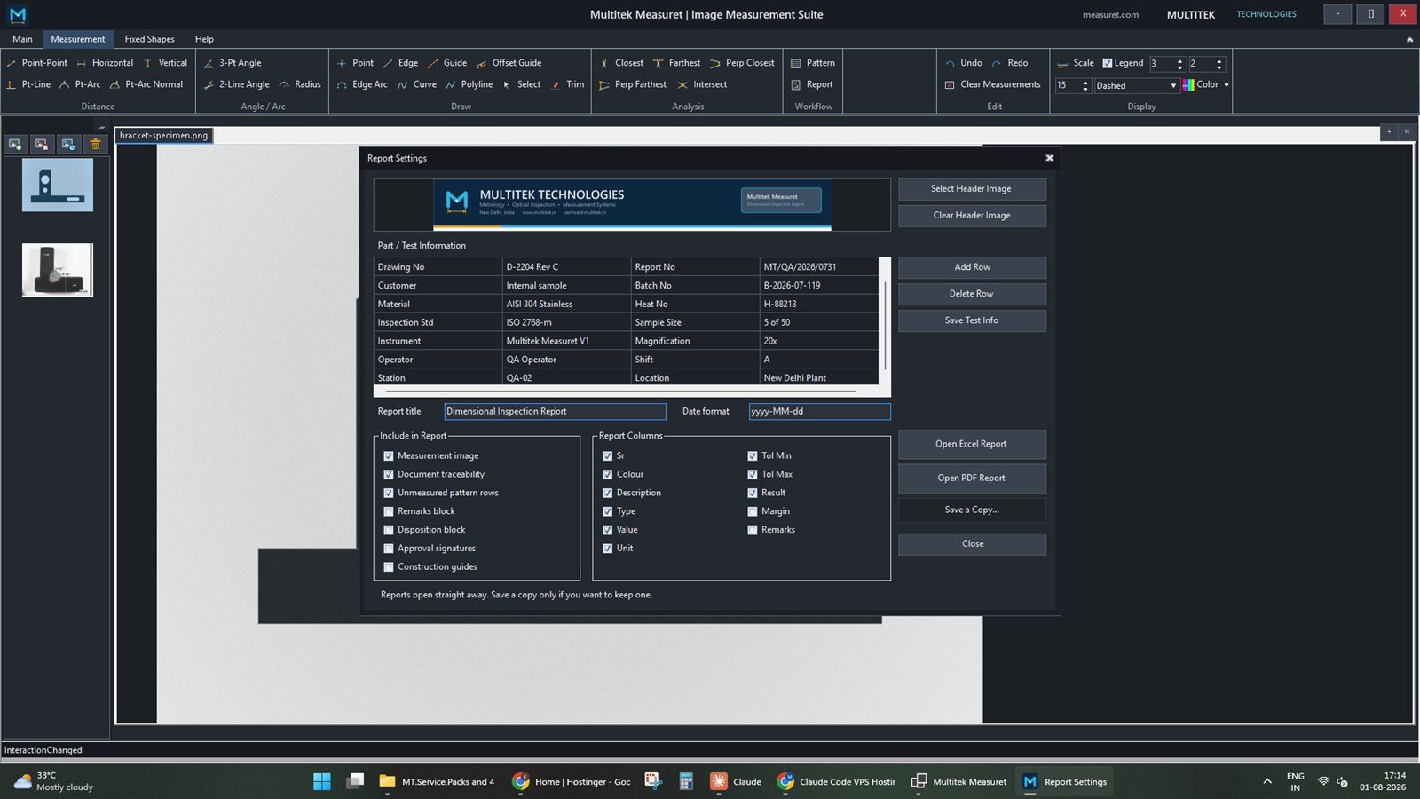 The Report Settings dialog: company letterhead, a part and test information grid, include options, and a list of selectable report columns.
