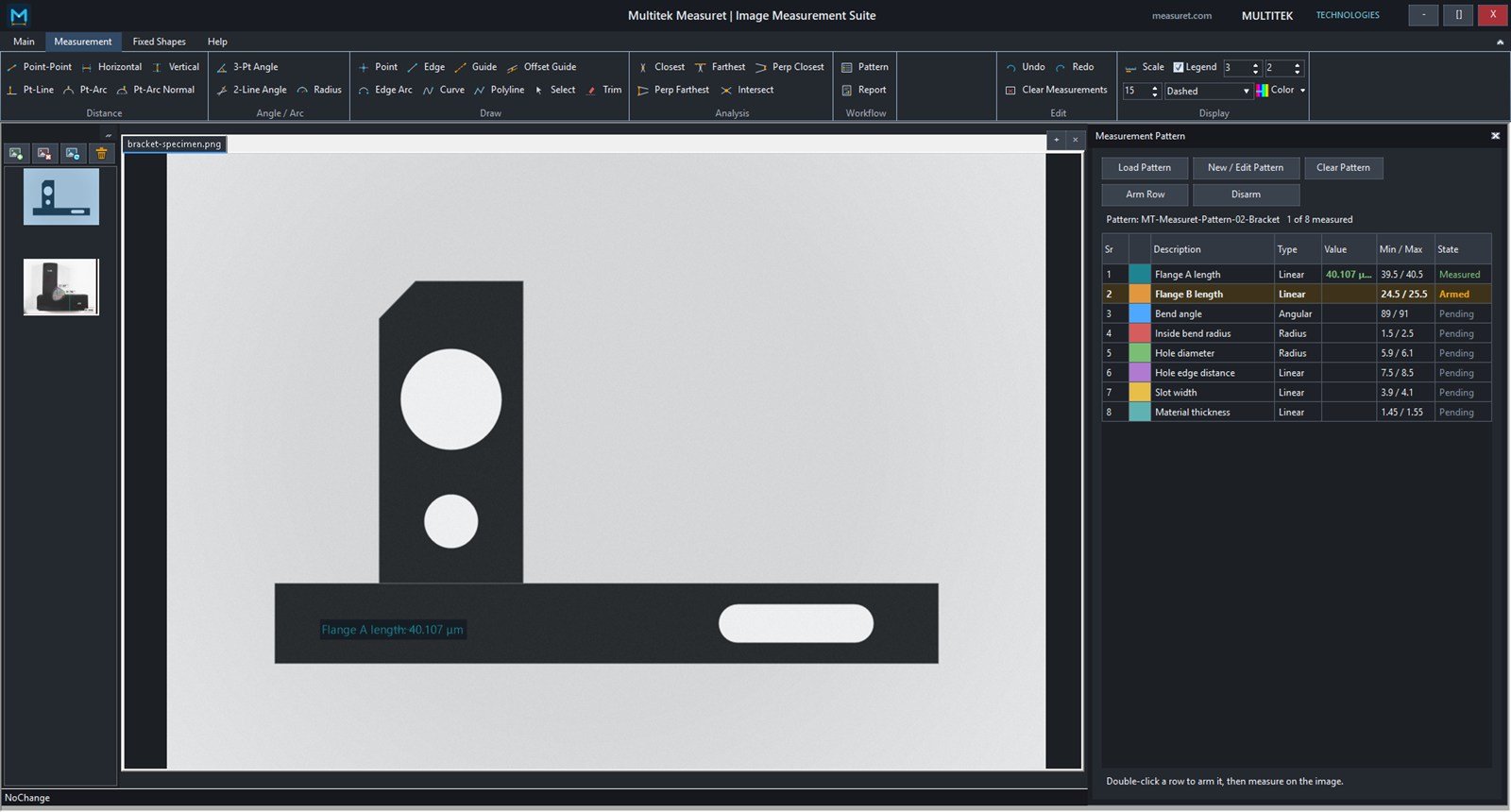 The Measuret workspace: a bracket image on the measurement canvas labelled Flange A length 40.107 micrometres, beside a pattern checklist where row 1 reads Measured and row 2 is Armed.